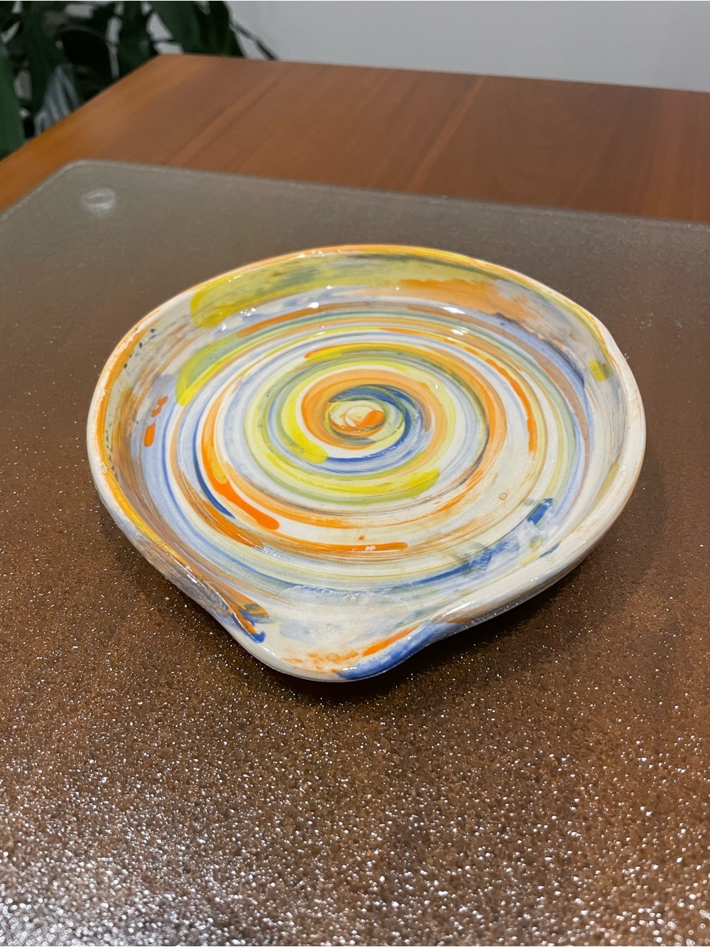 Handmade Swirl Ceramic Spoon Rest in Blue, Orange & Yellow